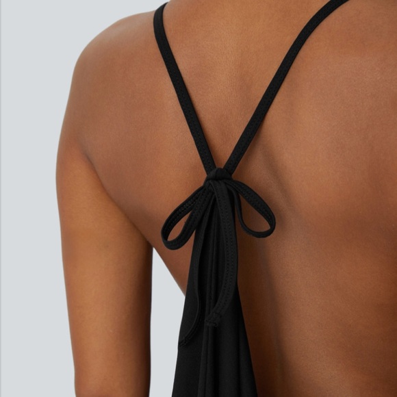 HALARA V Neck, Tie Back, Ruched Black Dress - Picture 6 of 6